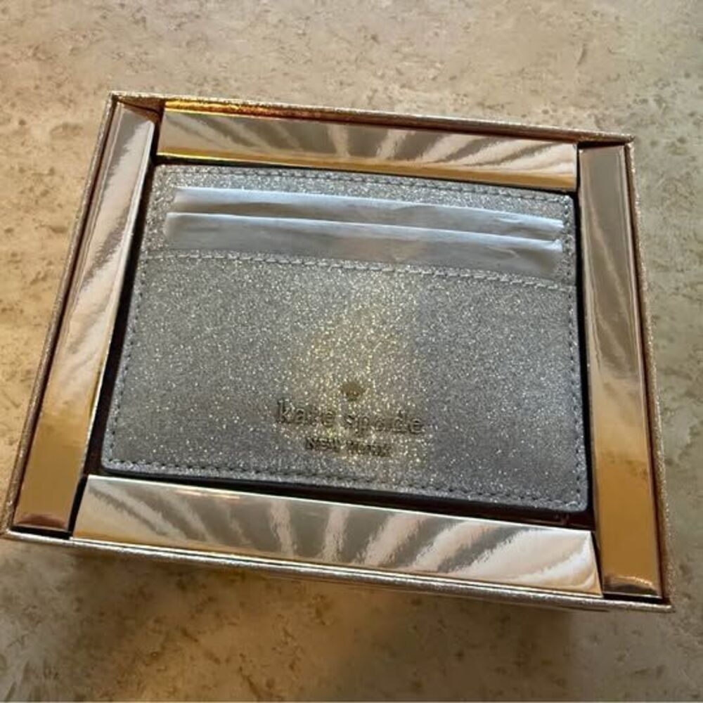 Kate Spade New York Silver Glitter Card Holder Wallet w/ Gift Box